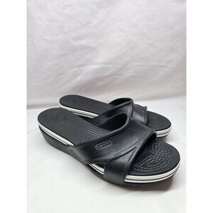 CROCS Cyprus Low Wedge Sandals Slides Black White Crocband Cross Strap Women’s 7